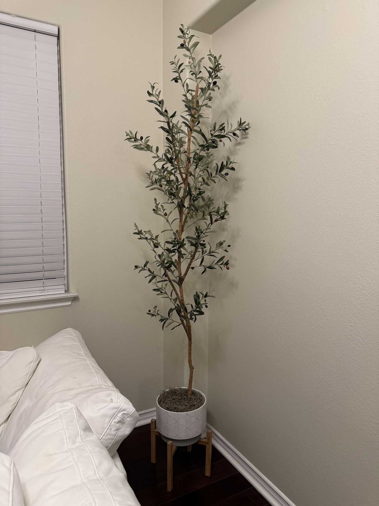 7' ft fake artificial olive tree plant with white/gray vase planter