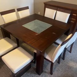 Table, 8 chairs and wood furniture