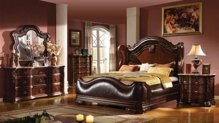 Bella Luxury 4pc Queen Bedroom Set - Real Marble Tops & Dark Walnut Wood