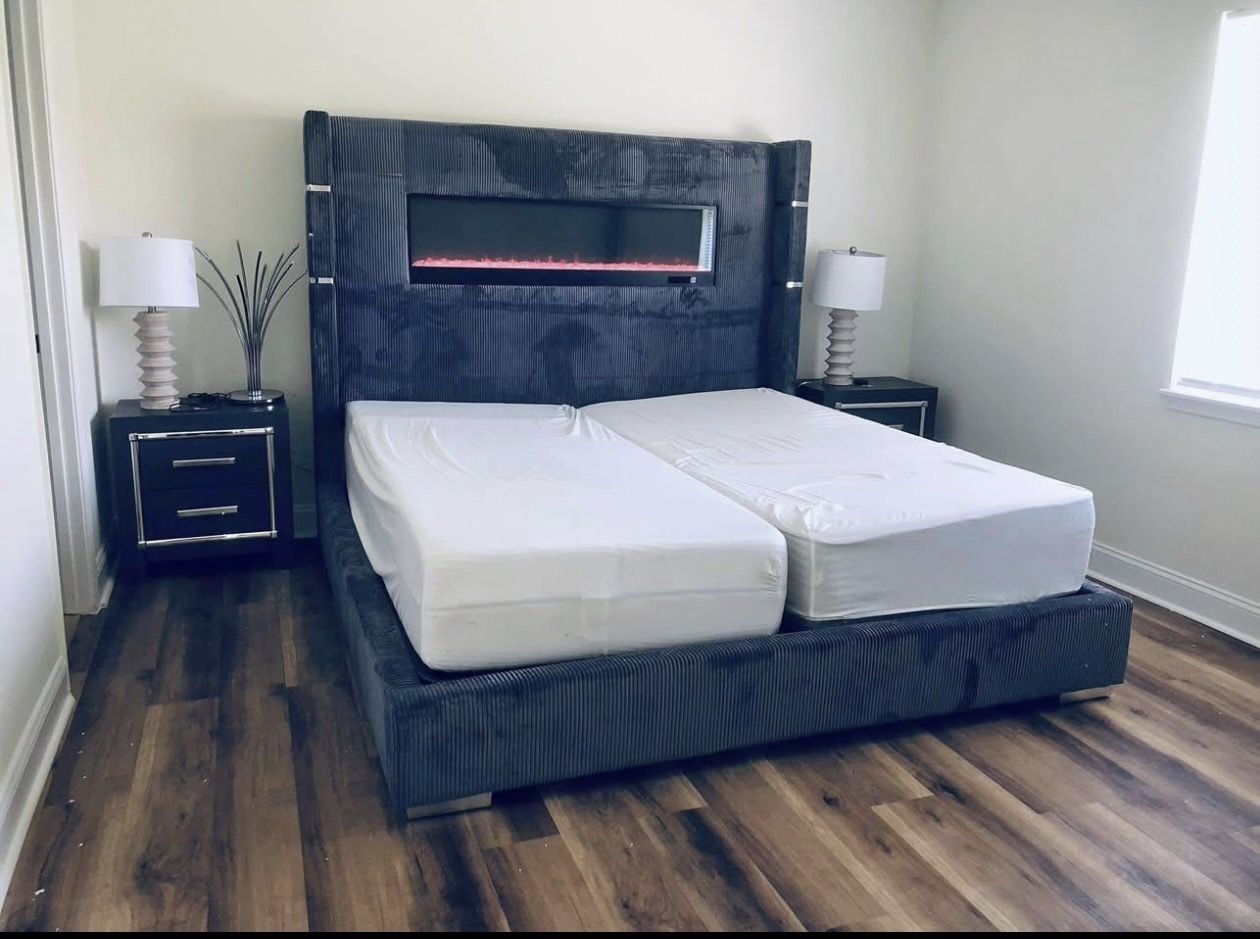 FIREPLACE BEDS π₯ TALL VELVET HEADBOARD