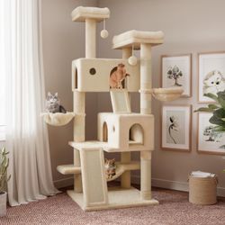  65in Larger Cat Tree Tower Condo for Indoor Cats, Multi-Level Furniture Activity Center with Wide Base/Cozy Plush Cat Perches/Baskets/Sisal Scratchin