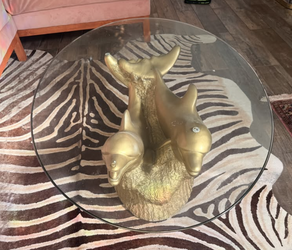 Vintage Gold Dolphin Coffee Table with Round Glass Top