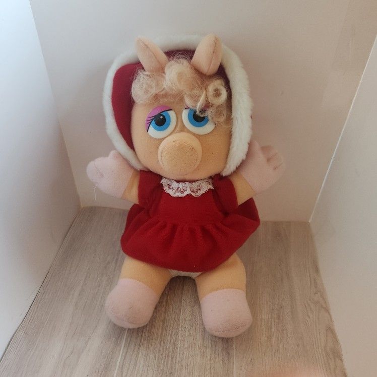 Vintage 1987 Muppets Baby Miss Piggy Plush Stuffed Pig Red Christmas Dress 9"