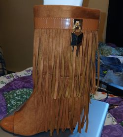 Tan Suede Fringe Knee-High Boot
