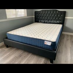 Full Black Crystal Button Bed With Orthopedic Mattress Included 