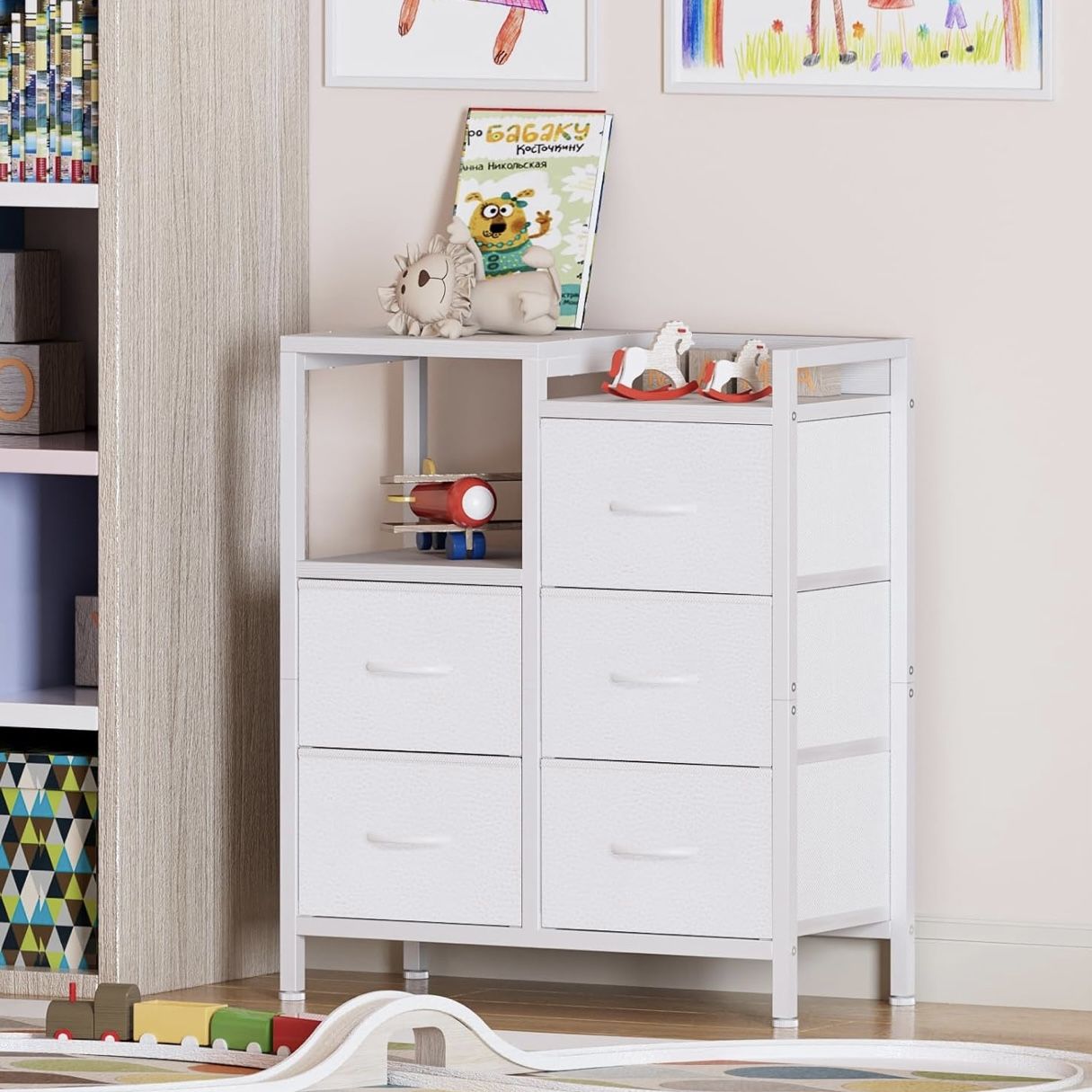 Dresser for Bedroom, 2-Tier Open Shelf and 5 Fabric Drawers, White