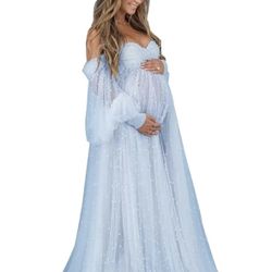 Sky Blue Pearl Tulle Maternity For Photo shoot 