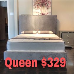 Queen Gray Velvet Bed Plus Queen Plush Mattress (free Delivery )