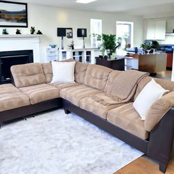 Beige Tufted Microfiber & Leather Sectional Couch 🛋️  Free Delivery & Financing Available! 🚚