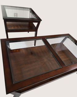 Modern Wooden & Glass Coffee Table & End Table Featuring Angled Legs and a Lower Storage Shelf