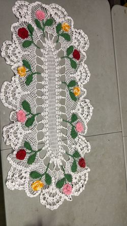 Vintage Handmade Crochet Oval Table Runner with Roses