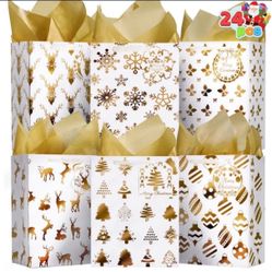 24Pcs Christmas Foil Gold Gift Bags with Tissue paper