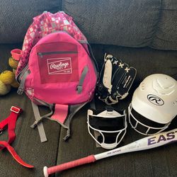 Softball Helmet, Mask, Bat, Mitt, Bag, 2 Softballs