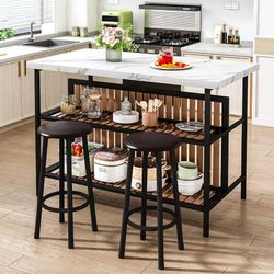 Kitchen Island with Stools & Storage, Modern Dining Table Set for 2, 3 Piece Kitchen & Dining Room Sets Island Table for Small Space, Apartment, Home 