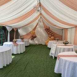 Draping——-tables——backdrop——-balloongarland——-tablecloth——-