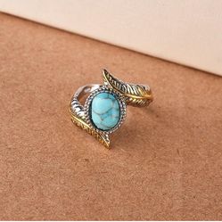 Gorgeous Women's Jewelry 925 Sterling Silver Turquoise Feather Ring 18K Gold Plated Proposal Gift Cocktail Party Ring Bridal Wedding Ring Size 6-10 (9