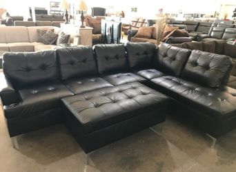 Brand New Dania Black Leather Sectional Set With Storage Ottoman & Free Delivery