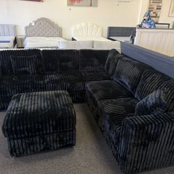 Sectional With Ottoman In Black Corduroy 