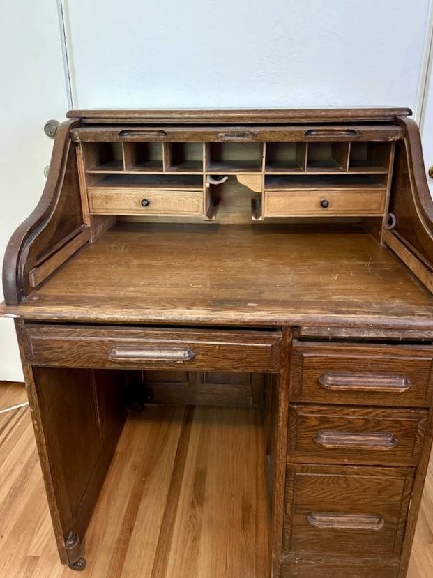 Antique oak rolltop desk with matching oak swivel chair