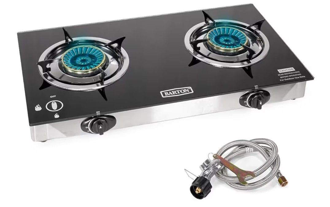 Barton Double Burner Stove w/Auto Ignition LPG Tempered Glass Outdoor Propane Portable Camping Cooktop Range 2-Burner Gas Burner