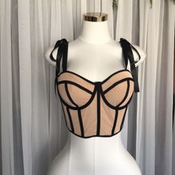 Nude Underwire Corset Crop Top With Black Trim Size M