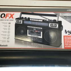 QFX rechargeable portable boombox cassette player