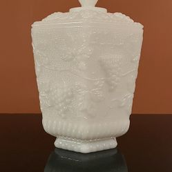 Vintage Anchor Hocking Fire King Milk Glass Grape Panel Cookie Jar Lidded Canister 1960