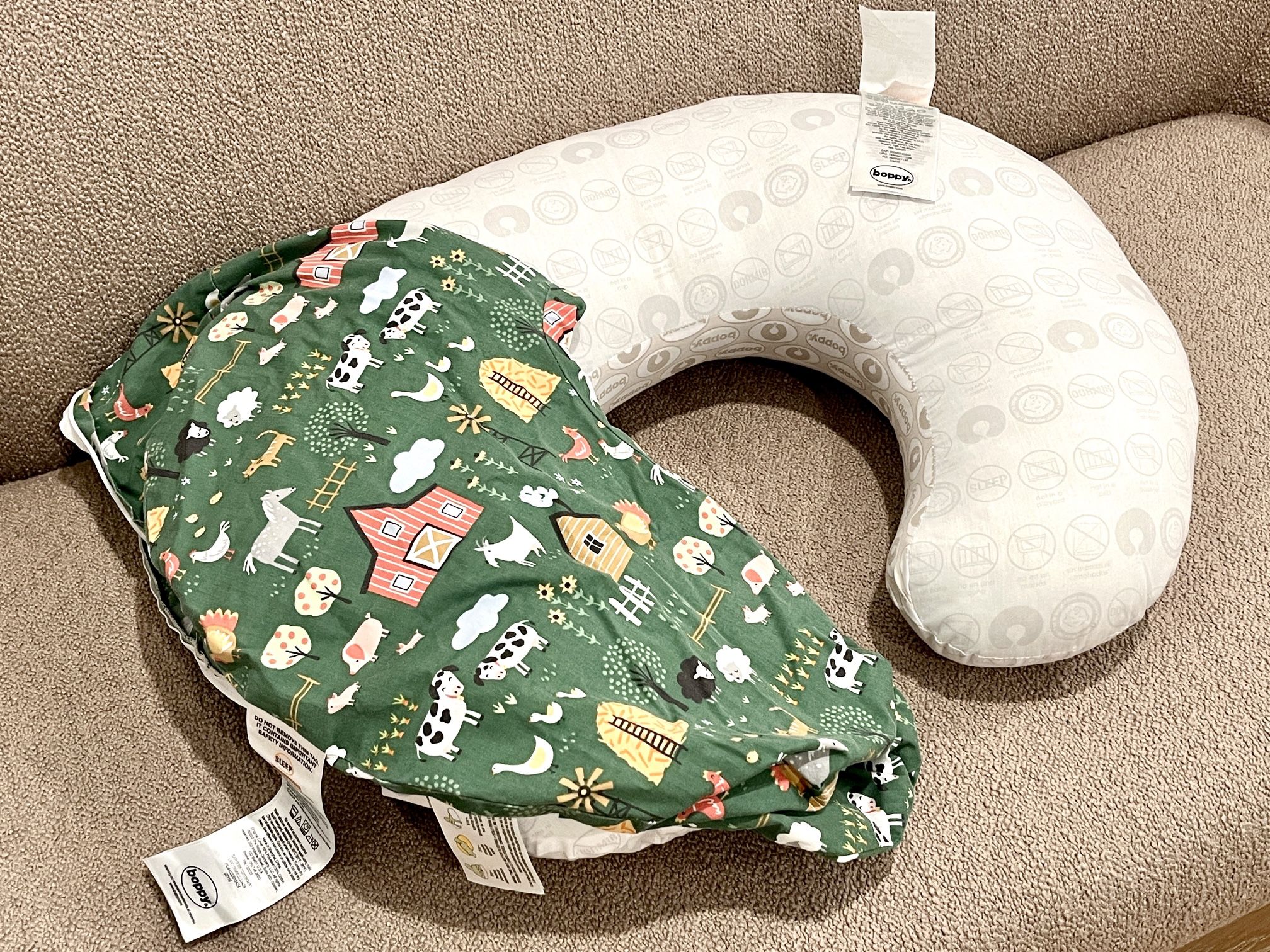 Like NEW Boppy Original Nursing Pillow - Green Farm Cover