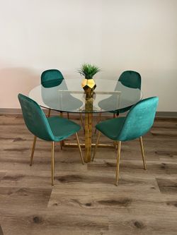 Green Gold Glass Dining Table and 4 Chairs