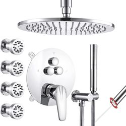VANFOXLE Shower Faucet Set Chrome Shower System,Push Button Diverter, with 2 in 1 Handheld,10 Inch Shower Head with 4 PCS Two Modes Body Jets(Rough-in