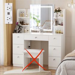 43" Vanity Desk With LED Lighted Mirror And Power Outlet, Makeup Vanity Table, 7 Drawers & 6 Shelves, 3 Color Light & Adjustable Brightness
