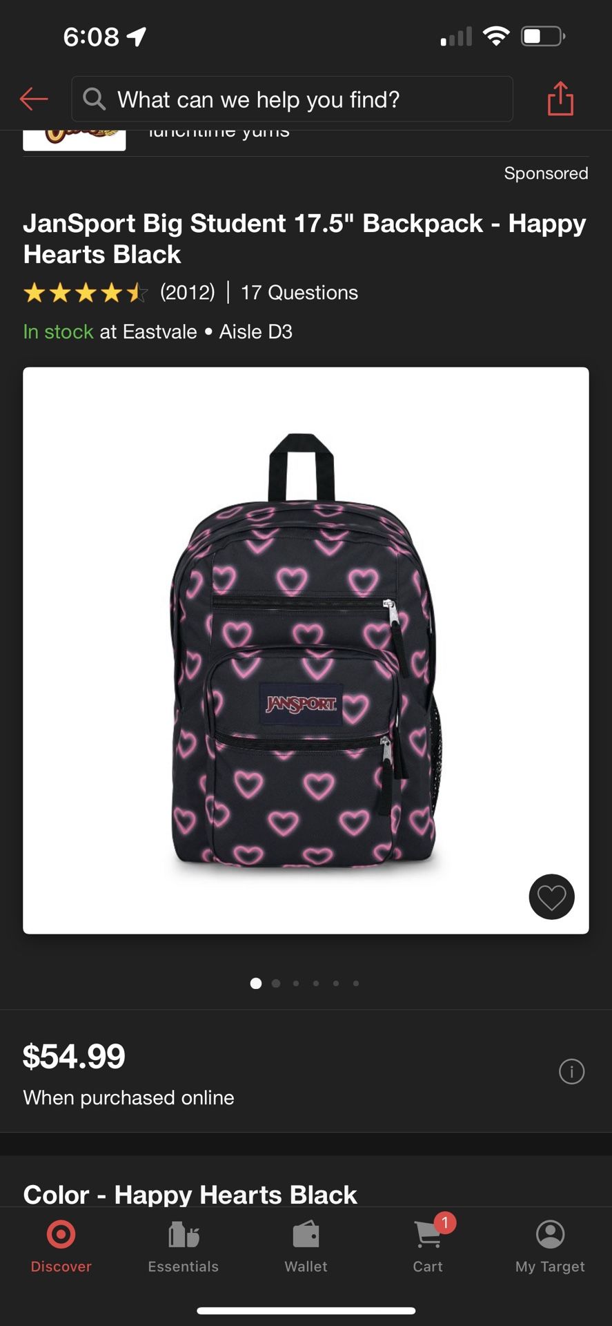Jansport Big Student 17.5” Backpack Happy Hearts Black