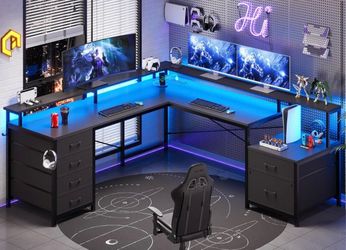 Brand New: L-Shaped Gaming Desk with Drawers and LED Lights