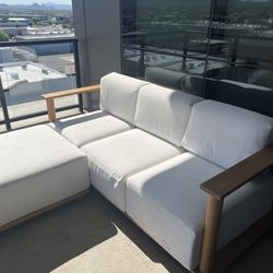 PINET 84" TEAK OUTDOOR SOFA WITH TEXTURED IVORY PERENNIALS® CUSHIONS BY ROSS CASSIDY with OTTOMAN