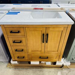 36” Bathroom Vanity in teak , single sink soft close solid wood with vanity top in white  $575 