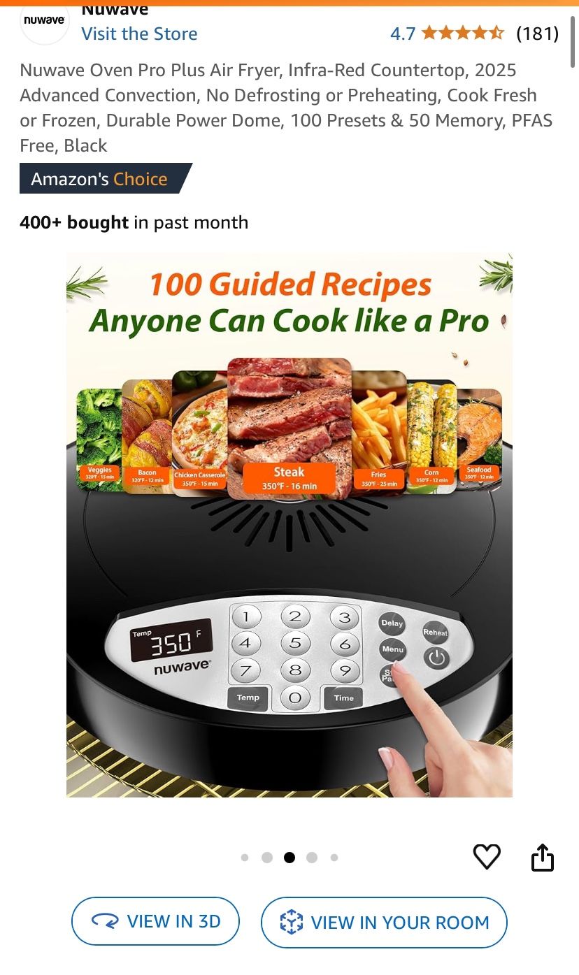 Nuwave Oven Pro Plus Air Fryer, Infra-Red Countertop, 2025 Advanced Convection, No Defrosting or Preheating, Cook Fresh or Frozen, Durable Power Dome,
