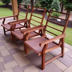 Set of 3 Solid Teak Outdoor Armchairs with Sling Seats