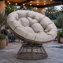Swivel Papasan Chair — Upgraded Version, Dark Brown Wicker Base, Grey Cushion (Brand New) - VMD1