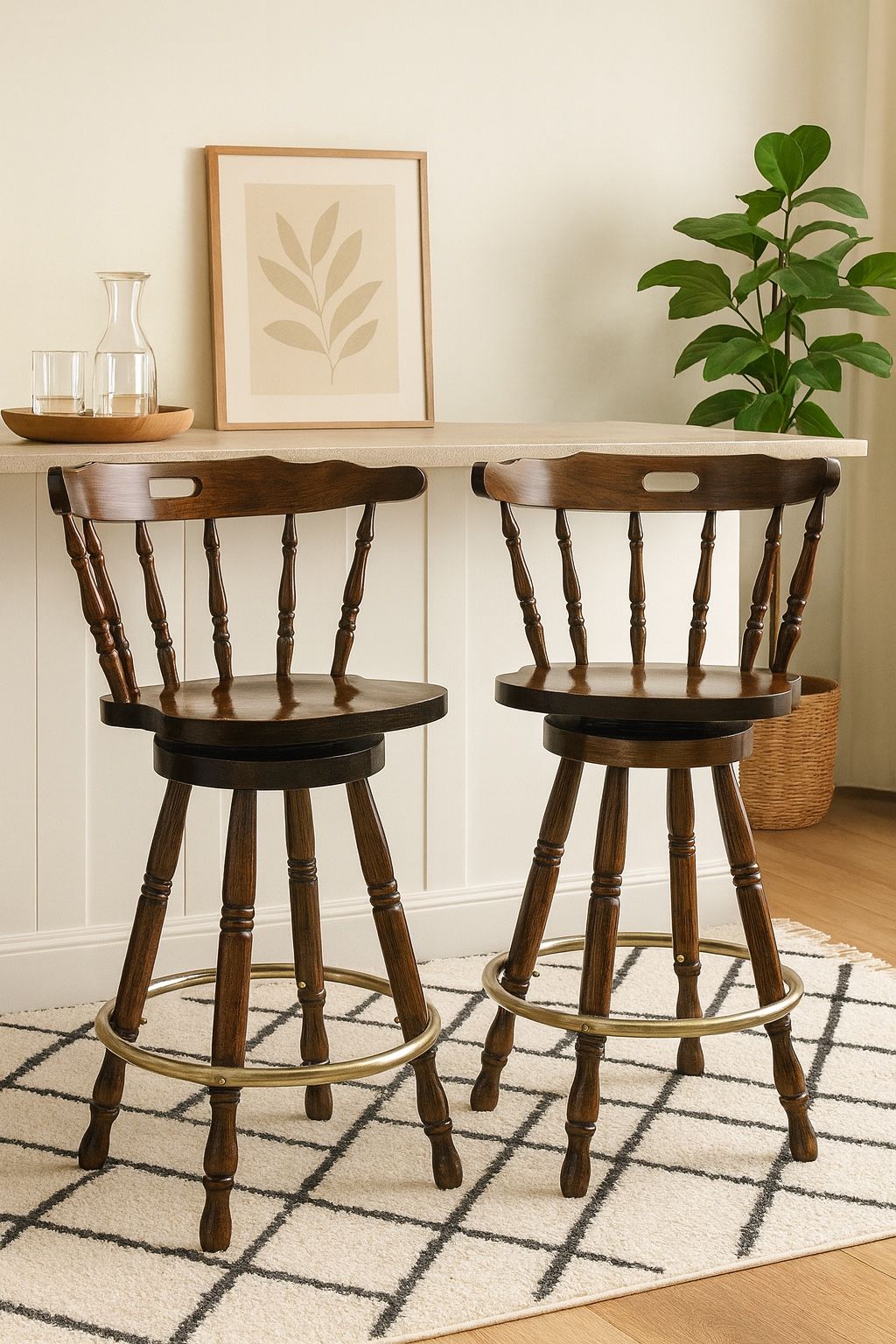 Vintage Solid Wood Swivel Bar Stools – Fully Restored