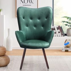 Velvet Accent Chair, Modern Wingback Tufted Vanity Armchair Upholstered With Wooden Legs