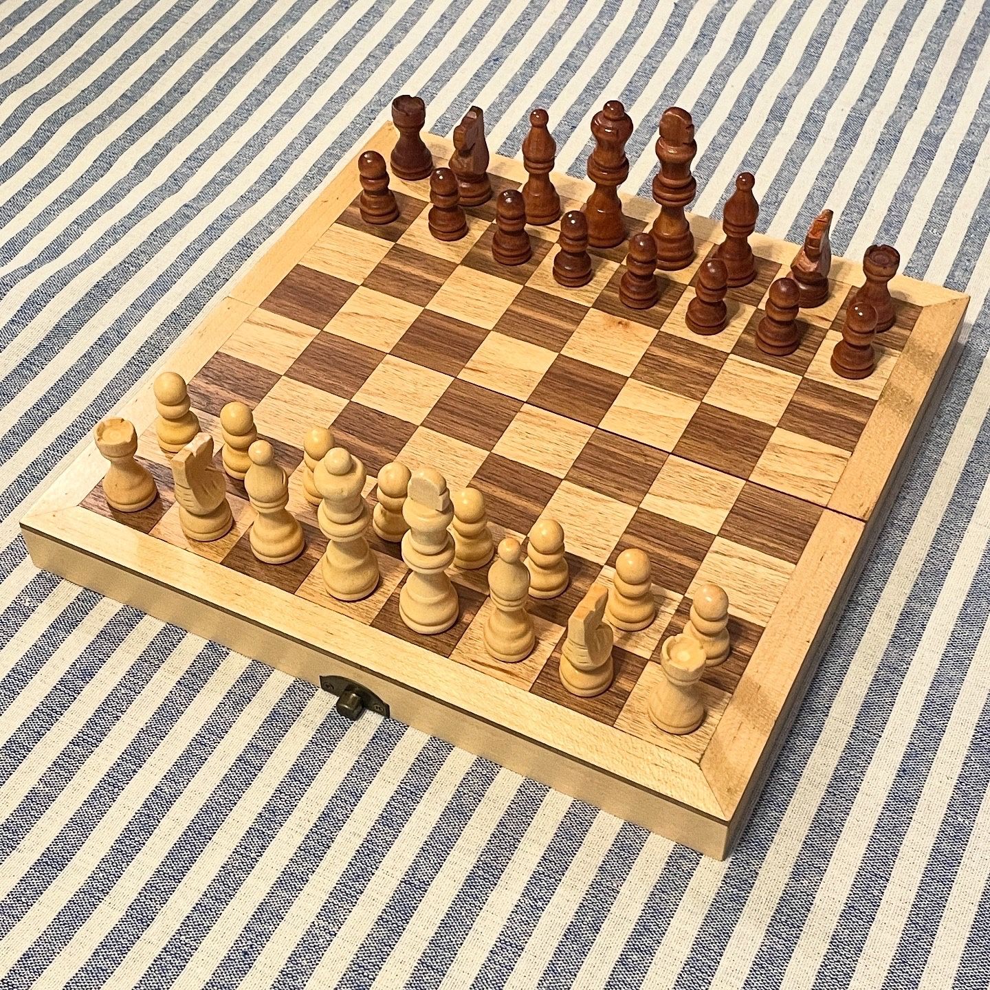 Classic 10 1/2” W Foldable Inlaid Wood Chess Set with Hand-Carved Staunton Pieces