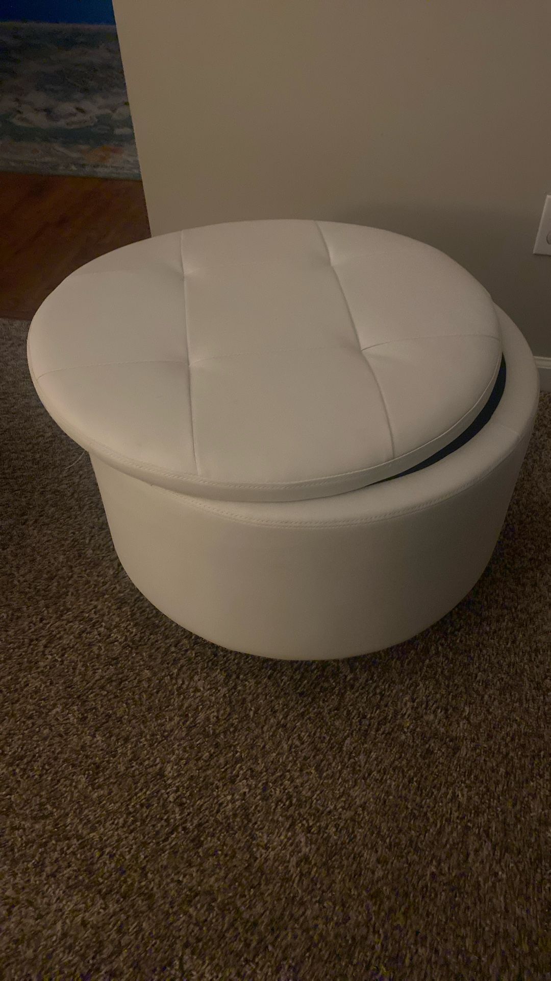 White Leather Round Storage Ottoman