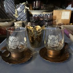 Set Of Copper & Glass Candle Holders With Etched Owl Design