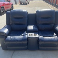 Navy Leather Reclining Couch 