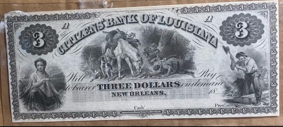 1860s $3 Citizens' Bank of Louisiana Obsolete Banknote Remainder – New Orleans