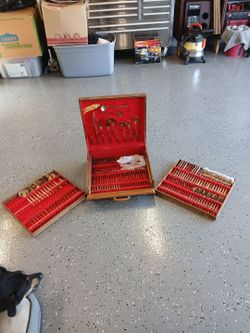 Gold-Tone Flatware Set with Wooden Storage Case