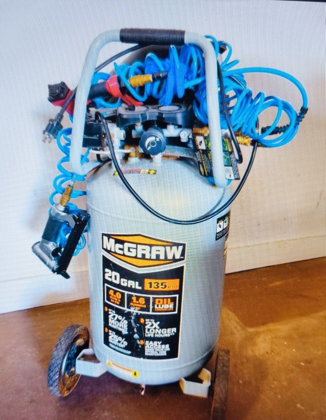 McGraw 20 Gallon 135 PSI Oil- Lube Vertical Shop/ Auto Air Compressor + 2 Guns + Hose, Pre- Owned, Great Condition!