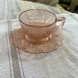 Vintage “1930’s” Jeanette Pink Depression Glass Cup & Saucer Cherry Blossom Design
