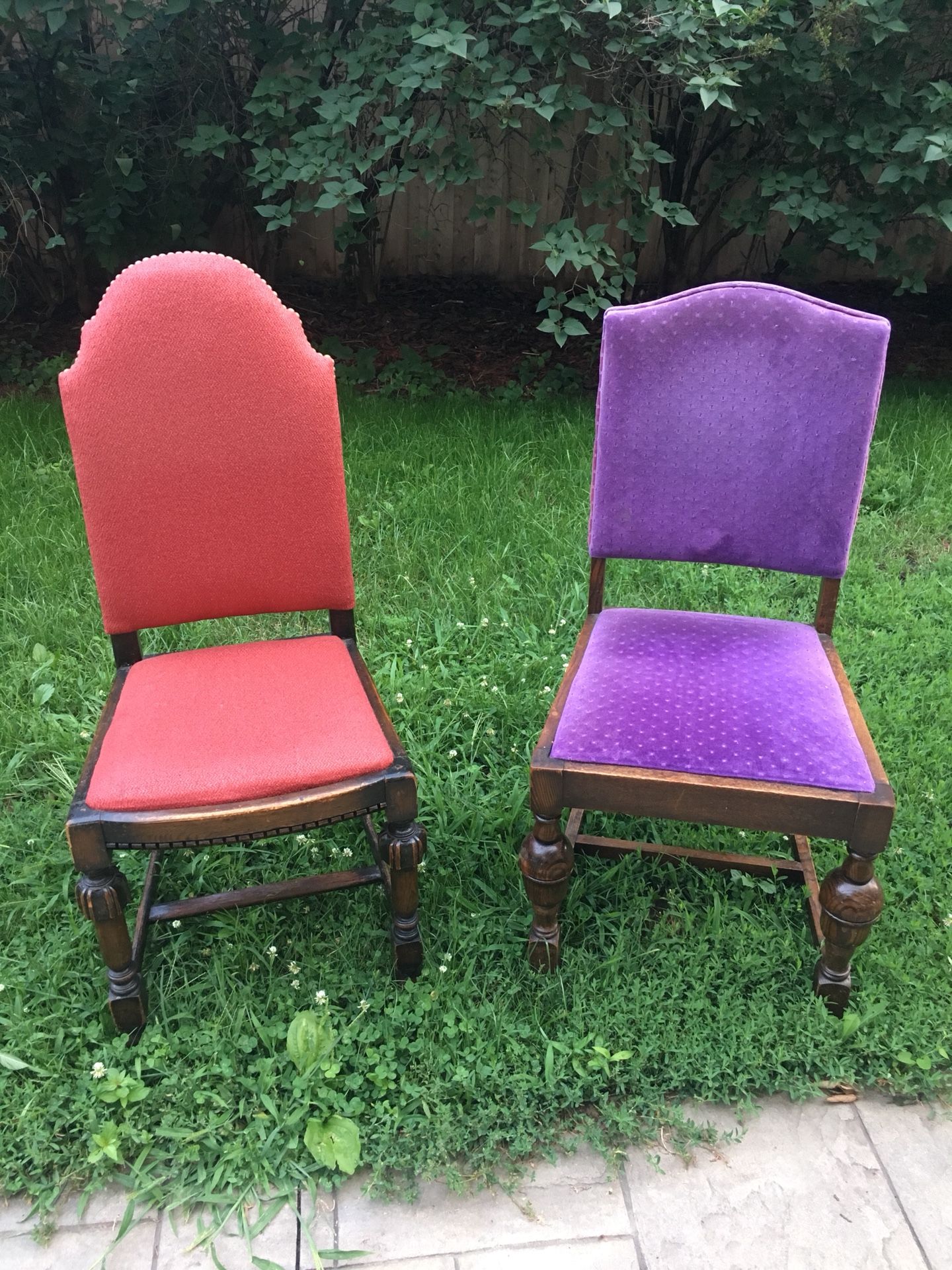 Solid wood red and purple velvet chairs from Old Spaghetti factory