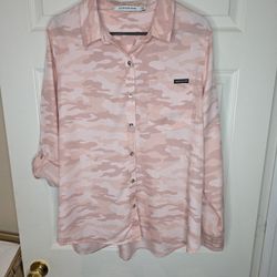 Calvin Klein Jeans Pink Camo Womens XL  Button Up Roll Tab Sleeve Light Blouse 